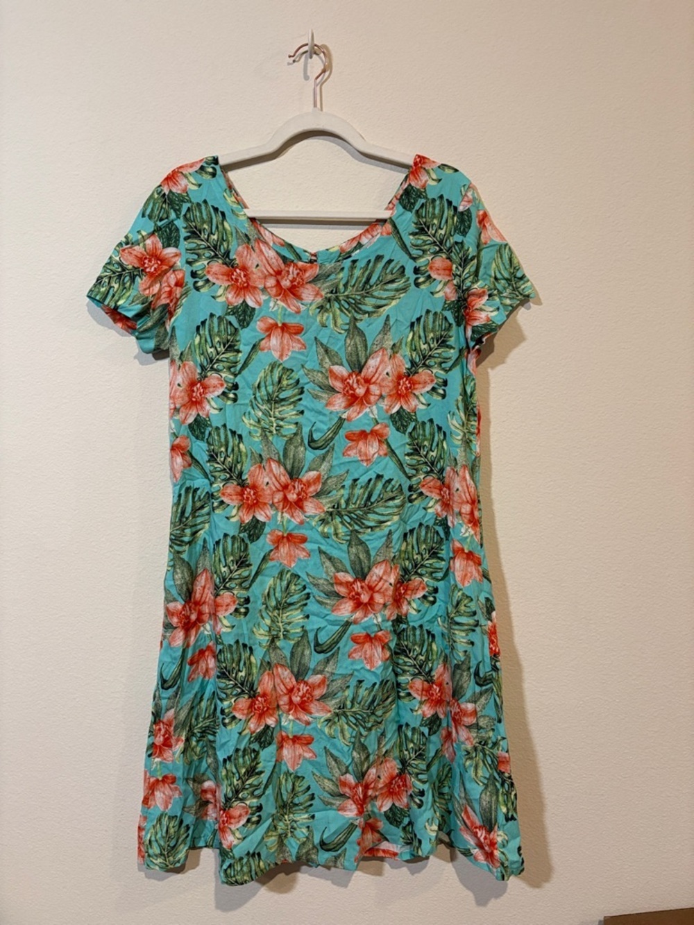 Tropical Floral Aqua Short-Sleeve  Dress